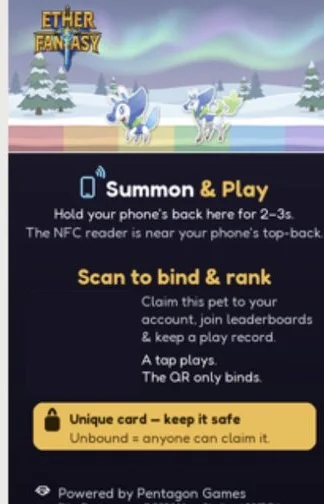 card back: Summon and Play - hold your phone here; the QR binds the card to your account